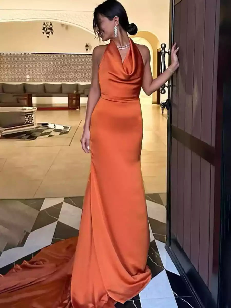Enchanting mermaid backless neckline sleeveless silhouette pleated hem floor length skirt with back tie Prom Dresses